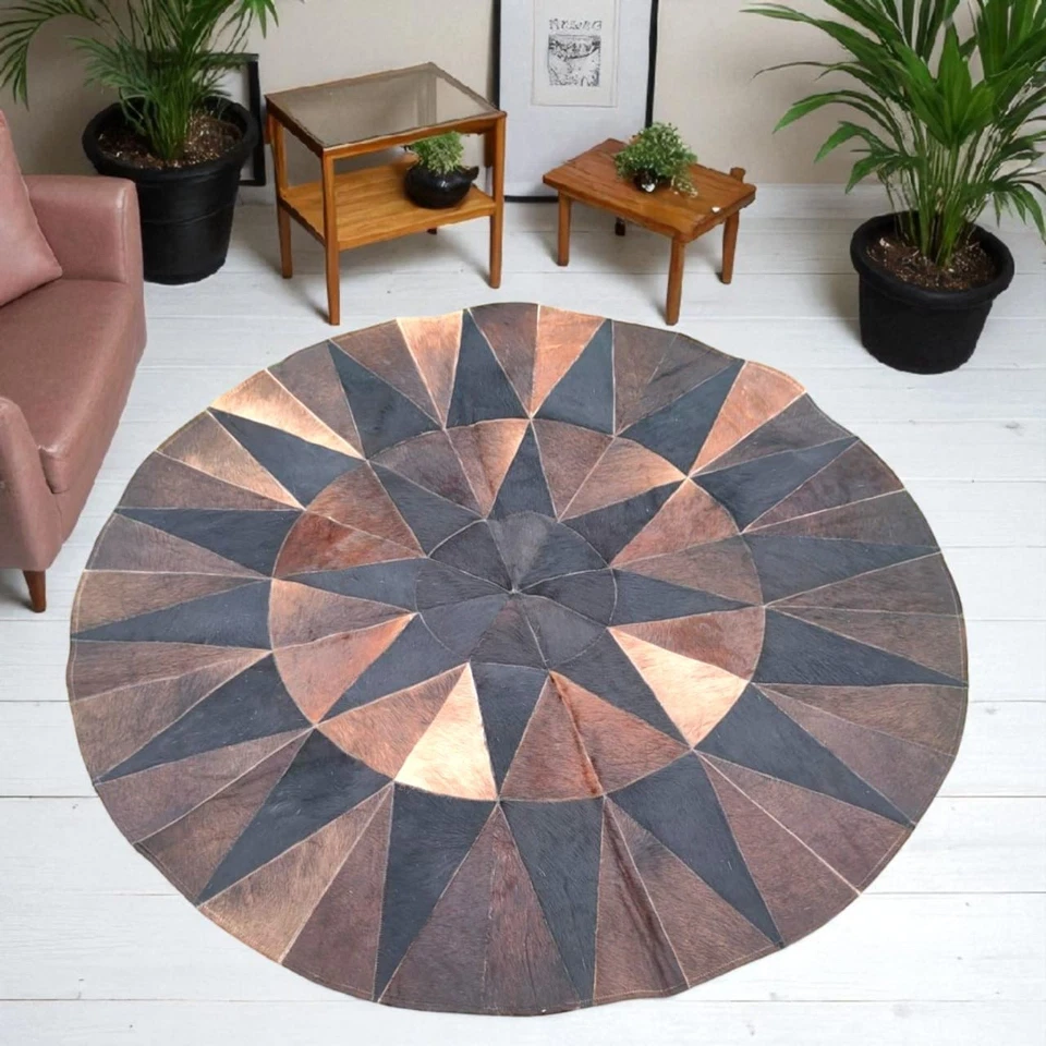 Rustic Multicolor Cowhide Patchwork Rug Round Handmade Leather Carpet - Image 4 of 4