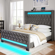 Queen Bed Frame with LED Light and Charging Station, Upholstered High Headboard