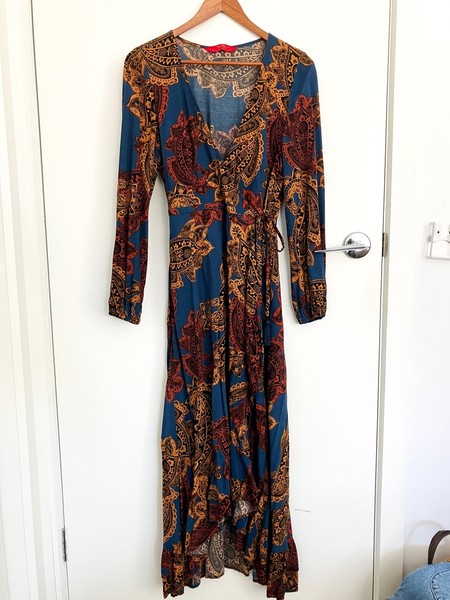 Tigerlily Wrap Maxi Dress Womens Size 8 Blue Orange Boho Long Sleeve Dress