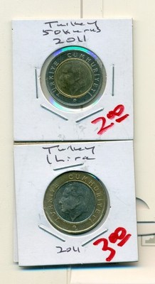 Show Inv - 2 AU-UNC BI-METAL COINS from TURKEY - 50 KURUS & 1 LIRA (BOTH 2011)