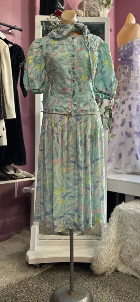 Conjunto de 3 piezas de vestido falda traje bufanda azul pastel rosa mangas abullonadas seda S Foto 2 de 4