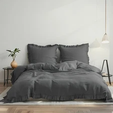 Simple&Opulence 100% Linen Duvet Cover Set, 3 PCS Natural French Flax Dark Gr...