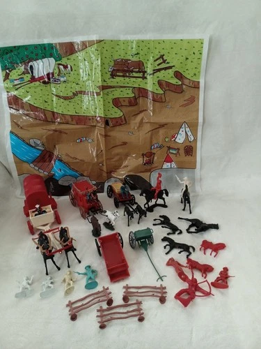 Vtg Marx Plastic Play Mat Western/Blue Box Toy Wagon/Jim Hardie & Tim-Mee figure