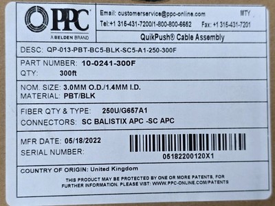 300ft Belden/PPC MiniFlex Optical Fiber Quick-Push Pre-Terminated SC-SC Cable Bk