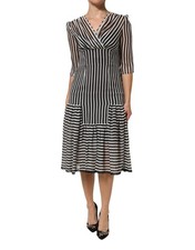 Dolce & Gabbana Black White Stripes Silk V-neck Midi Women's Dress Authentic