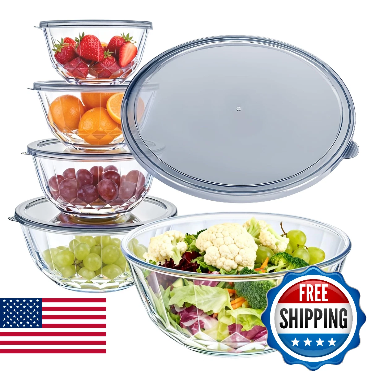Luvan 5-Piece Glass Mixing Bowls Set with Lids - Clear Salad Bowls with Lids Set