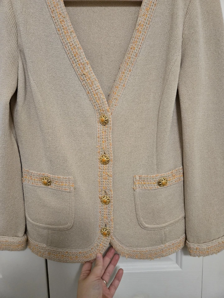 St. John Santana Knit Cardigan Blazer In Cream/ Orange With Gold Buttons Size 4 - Image 4 of 4
