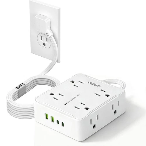 Flat Plug Power Strip with 8 Outlet Long Extension Cord USB Port Surge Protector