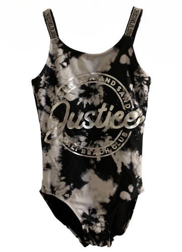 Justice Girls Swimsuit Black 8 1 Piece Adjustable Straps Lined Tie Dye Logo - Picture 7 of 12