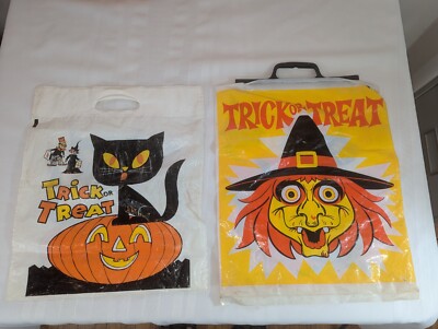 Vintage Halloween Plastic Trick or Treat Candy Bags PAIR 1960-70s