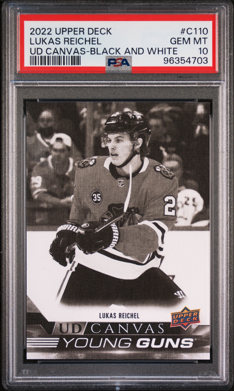 2022 Upper Deck UD Young Guns Canvas Black and White #C110 Lukas Reichel PSA 10