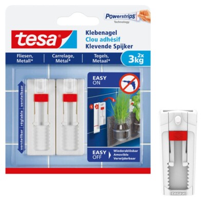 2 tesa Klebenagel für Fliesen und Metall max. 3,0 kg 2,4 x 6,4 cm mit Powerstrip