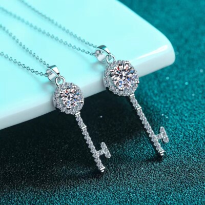 0.5-1CT Moissanite Key Pendant Necklace Women 925 Sterling Silver Pass Tester