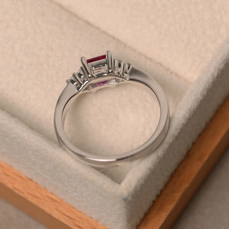 1.18 Ct Princess Cut Real Ruby & Diamond Engagement Ring 14K Solid White Gold - Image 3 of 4