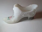 Fenton Slipper Satin White Glass Shoe Hand Painted Flowers Signed J Burkhart