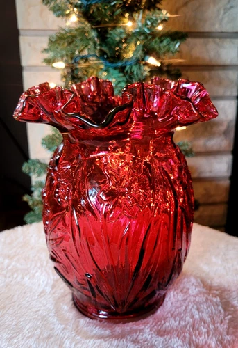 Vintage Fenton Cranberry Daffodil Vase Art Glass Cranberry  Large 8" Ruffled Rim