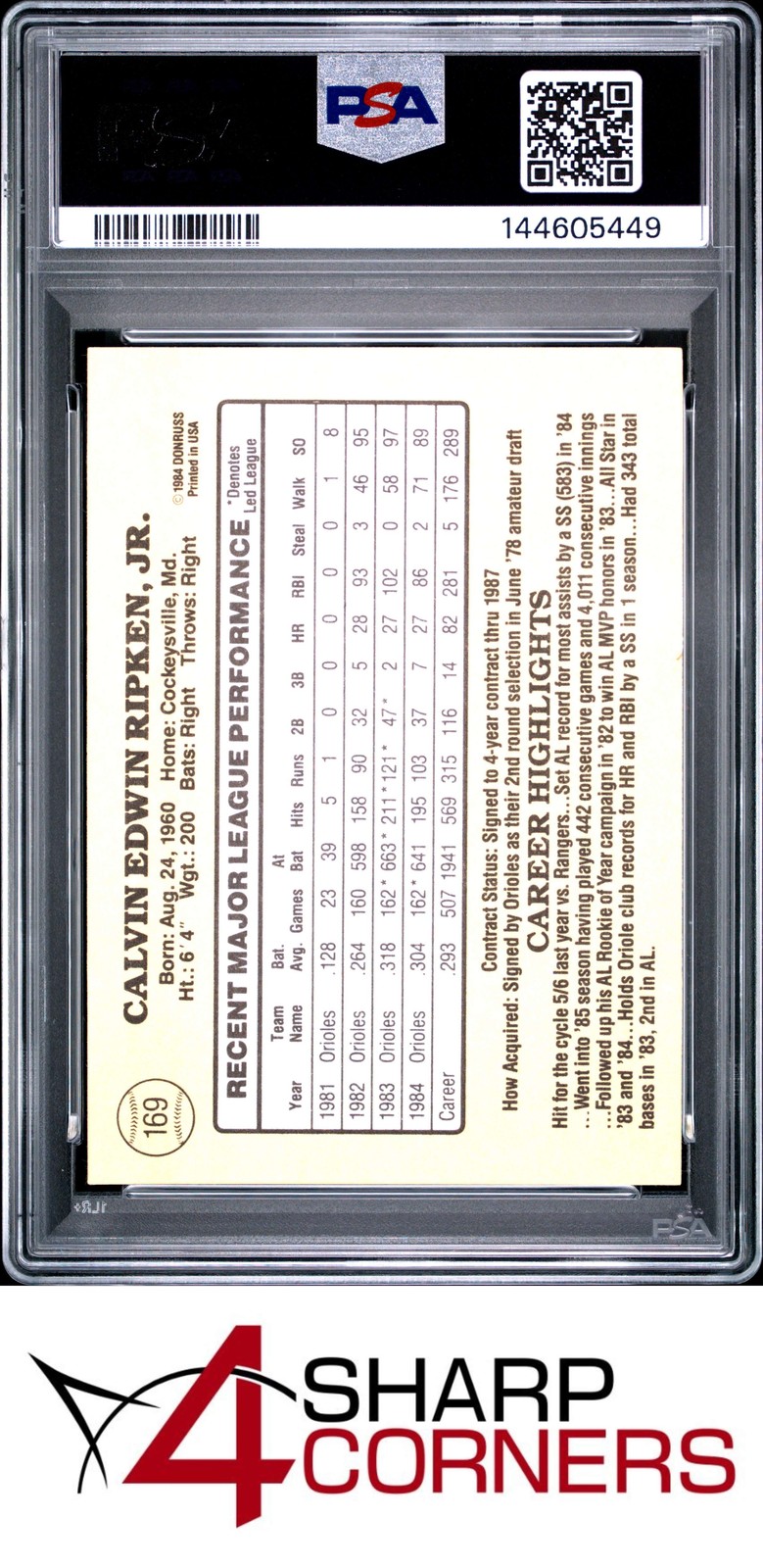 1985 DONRUSS #169 CAL RIPKEN JR. ORIOLES HOF PSA 10 view 2
