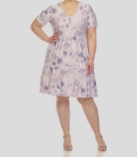 White Mark Women's Purple Floral Pleated Short Sleeve Dress Plus Size 3XL