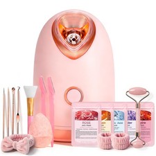 Pjordo Facial Steamer Spa Kit with 17 Skin Care Tools, Nano Ionic Face Pink