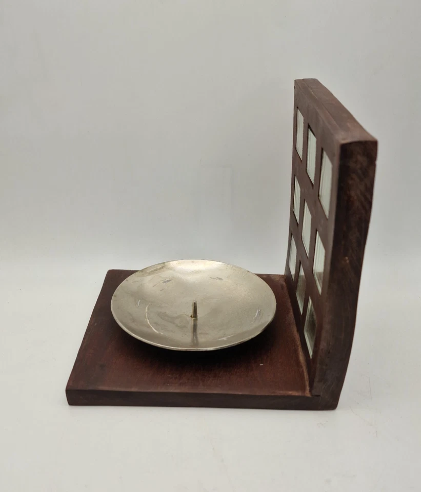 Set of 2 Rustic Mirrored Wall Pillar Candle Holders Wooden Square Sconce - Image 3 of 4