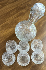 Full Lead Crystal Decanter Hand Blown/Cut Side Balanced 9" with 6 Shot Glasses