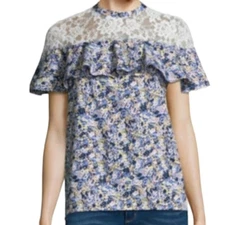 Belle & Sky Top Women's Small Blue Floral Boho Ruffled Lace Cottagecore Blouse