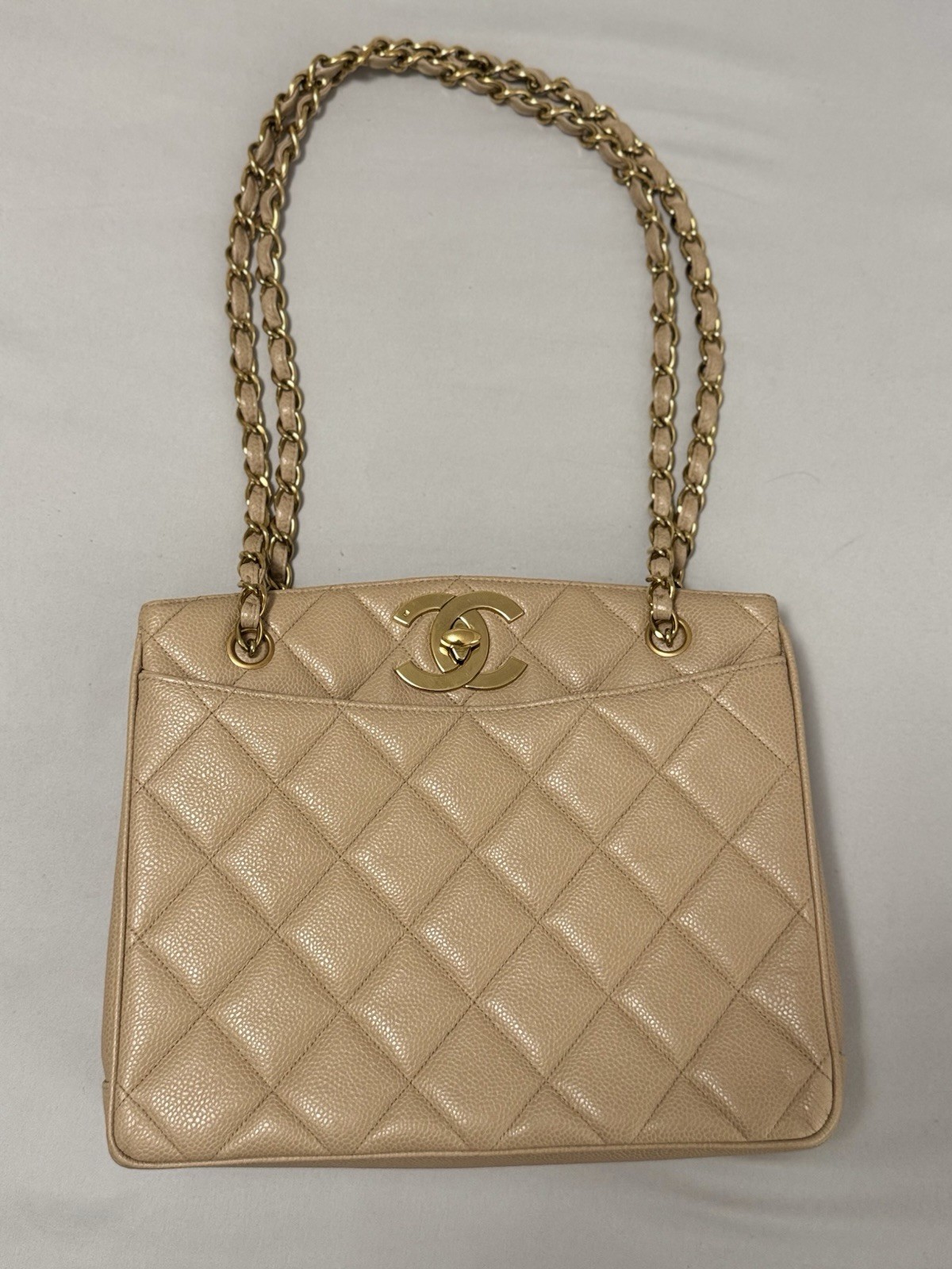 Chanel Beige CC Turnlock Caviar Tote with 24K Gold Hardware