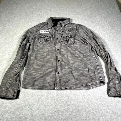 Rock Revival Stewart Shirt Mens Medium Gray Acid Wash Fleur De Lis Embroidered