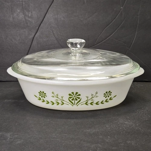 Vintage Glasbake Green Daisy Flower J-235 1 Quart Oval Casserole Dish w/ Lid