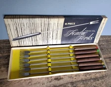 Vintage Set of 6 - 3 Tined Pronged Fondue Forks Stainless Wood Handle Japan MCM