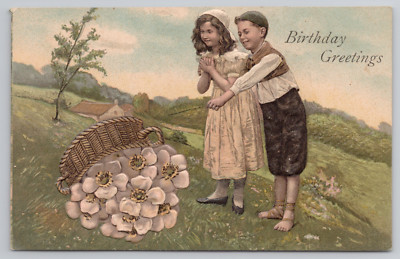Birthday Postcard Children Boy and Girl Admiring a Basket of Flowers 1910's
