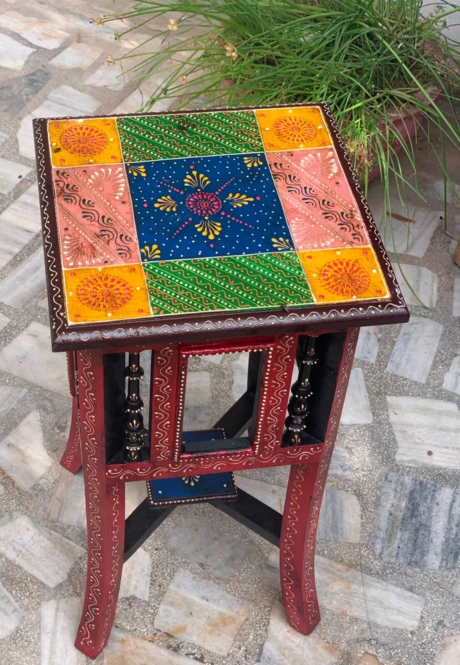 Multicolor Embossed Wooden Bedside Table Indian Ethnic Painted Stool - Image 2 of 4