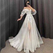 A-Line Wedding Dresses V-Neck Short Sleeves Long Sweep Train Lace Applique