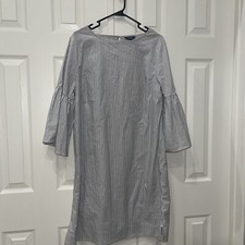 Chaps Dress Womens Large Bell-sleeve Midi Gray Stripes