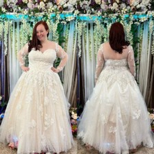 Plus Size Wedding Dresses Champagne Tulle Long Sleeve Applique A Line BridalGown