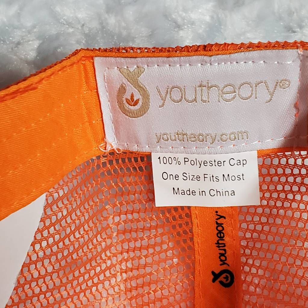 YOUTHEORY Trucker Hat One Size OSFM Orange Snap Back Vented Cap Logo NEW Youtheory Mens Trucker Hat Orange White Snapback Mesh Back  main image 2