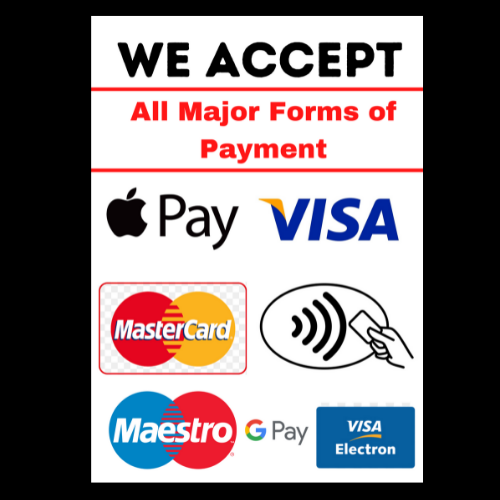 Accept card payments stickers signs apple pay contactless etc A6 SIZE. UK