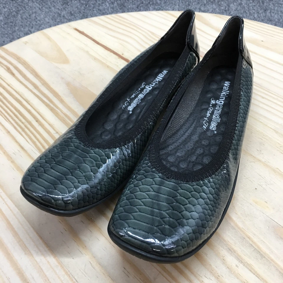 Walking Cradles Shoes Womens 7.5 S Ballet Flats Olive Green Leather Croc Print - Image 3 of 4