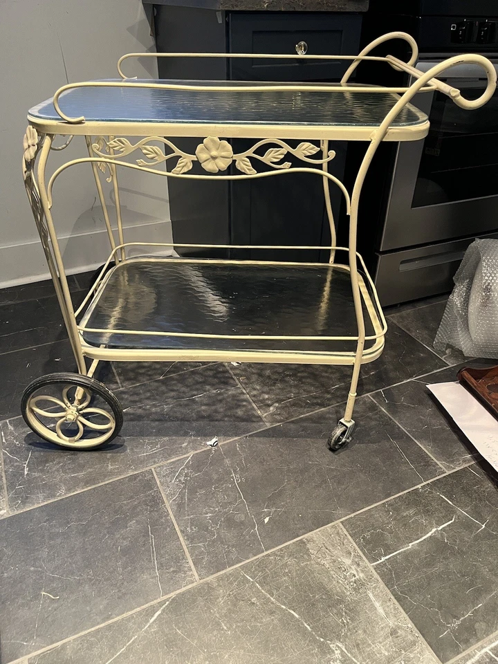 Barra de hierro y vidrio vintage de dos niveles y carro de servir patio cocina comedor Foto 3 de 4