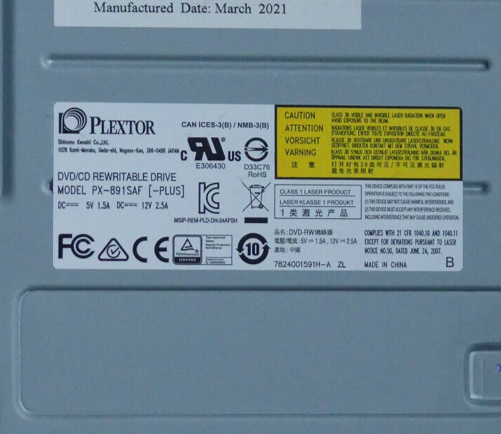 Plextor Internal SATA PX-891SAF-Plus 24x DVD/CD Writer Burner Drive - Image 2 of 3