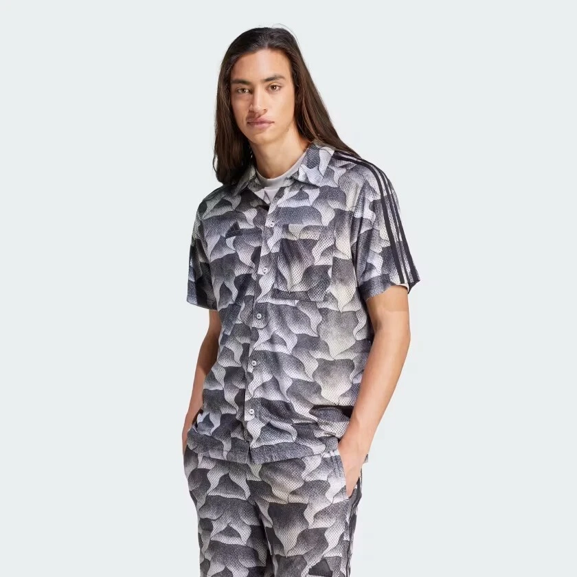 NEW Adidas Men’s Tiro All Over Printed Mesh Resort Shirt Black Putty Grey Size S
