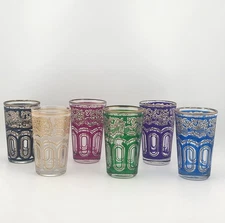 Set Of 6 Moroccan Tea Glasses  Different Colors Gold Rim 3 oz READ