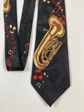 Black Steven Harris Men's Necktie Tie Jacquard Tuba Red Gold Musical Notes 57”