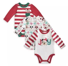 Disney Store Baby 0-3m Mickey Mouse Bodysuits One Piece Christmas 3pc Set