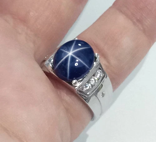 4.50Ct Oval Cut Blue Star Sapphire Men's Wedding Ring 14K White Gold FN