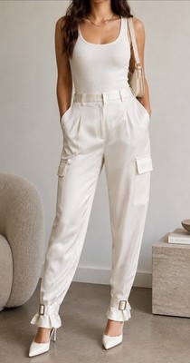 Babaton Aritzia Satin Cargo Pants Ivory Utility Jogger Ankle Buckle Women Sz 2