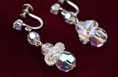 Vintage C1950s Screw On Crystal Glass Drop Dangle Earrings Art Deco silver - Image 1 of 2
