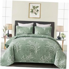 Quilt Set Size - Branch Botanical Pattern Bedspread Coverlet King Sage Green