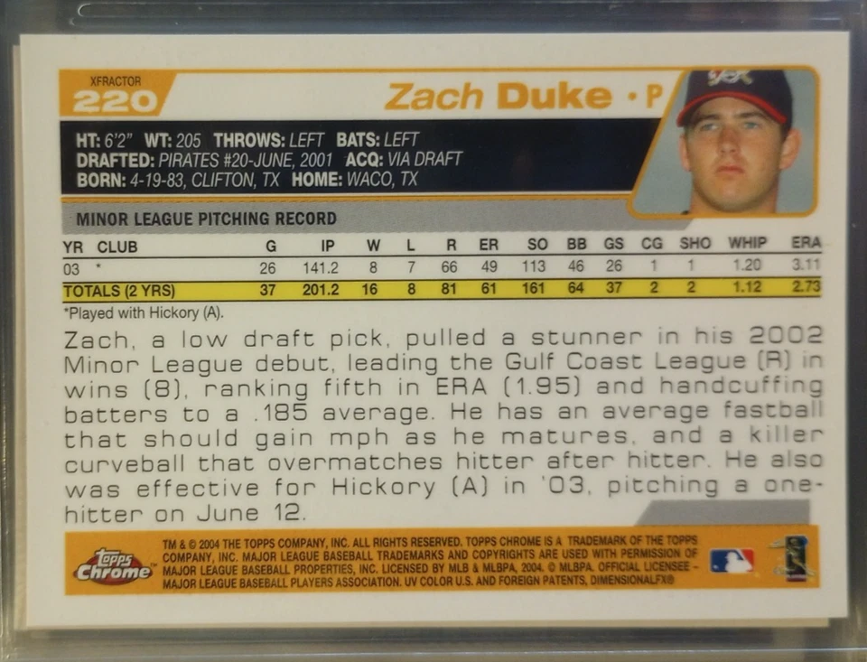 Tarjeta de novato Topps Chrome Xfractor Zach Duke 2004 (#220) primer año Foto 2 de 2
