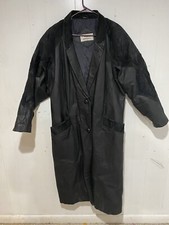 vintage 1980's Long Trenchcoat, Jacket Women's Sz M Black 100 Leather